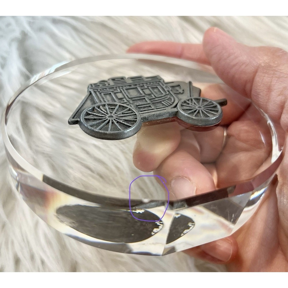 Wells Fargo & Company Stagecoach Paperweight Clear Acrylic Pewter Tone Western